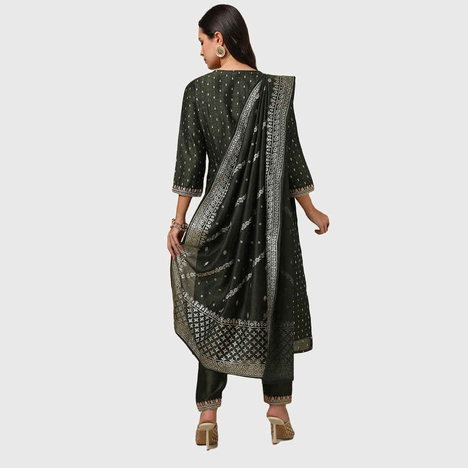 Soch Women's Olive Foil Print Suit Set With Thread Work L