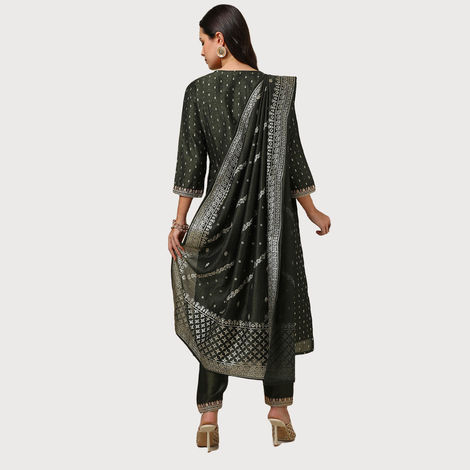 Soch Women's Olive Foil Print Suit Set With Thread Work XL