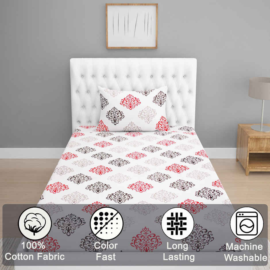 BAY6 Single 100% Cotton 144 TC Paisley Print Bedsheet | White & Pink | 90 x 60 in