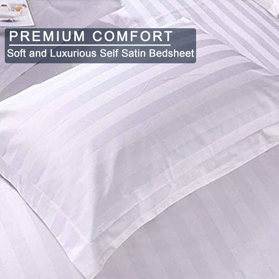 BAY6 Super King 100% Cotton 210 TC Satin Stripe Bedsheet | White | 108 x 108 in