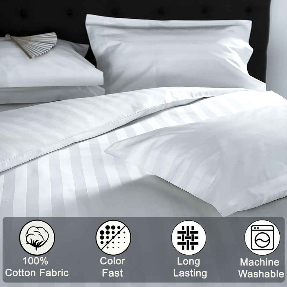 BAY6 Super King 100% Cotton 210 TC Satin Stripe Bedsheet | White | 108 x 108 in