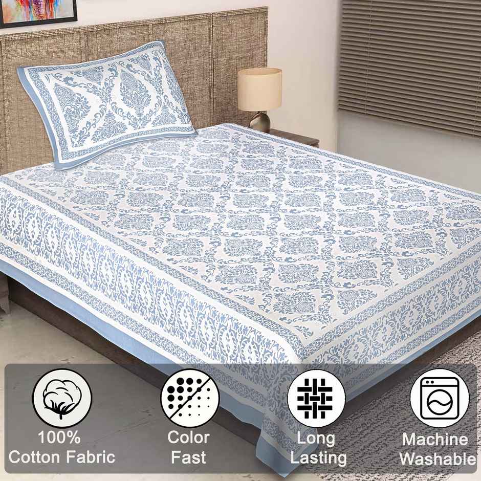 BAY6 100% Cotton Single Rajasthani Bedsheet - 90 in x 60 in - Traditional Blue Motifs Design