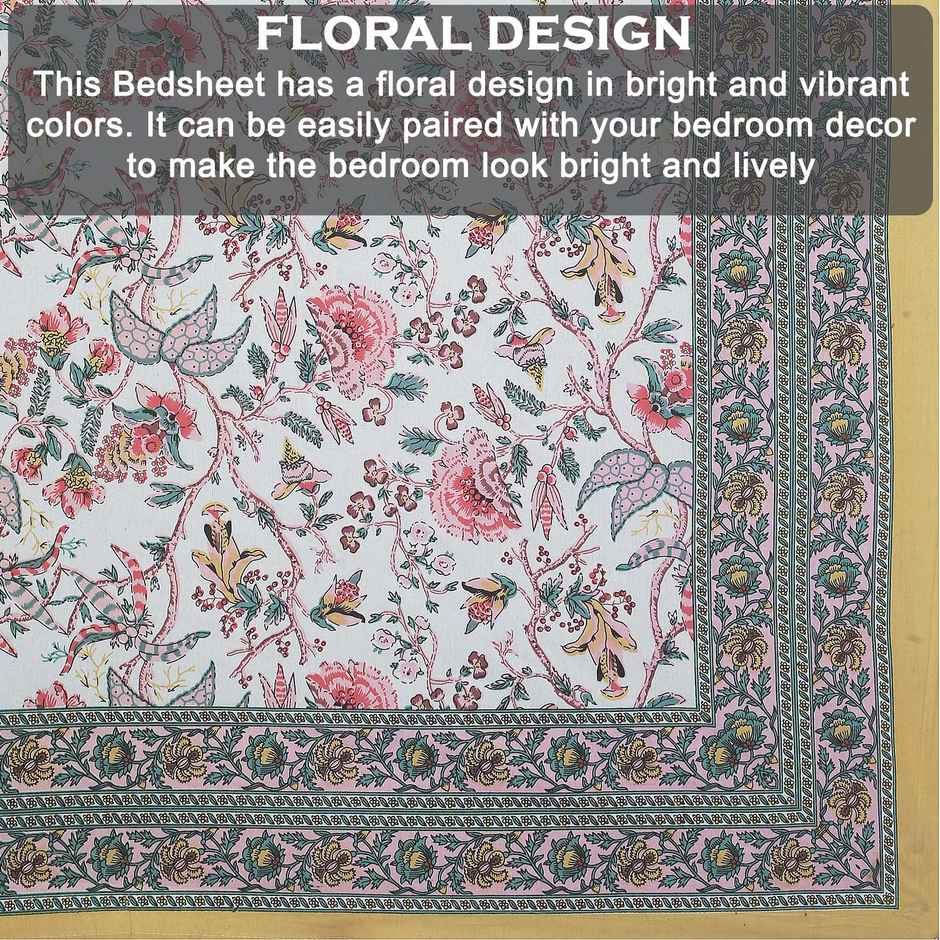 BAY6 100% Cotton King Bedsheet | Motifs in Pink and Teal | 104 x 88 in