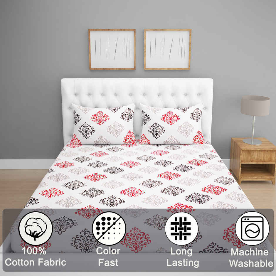 BAY6 Super King 100% Cotton 144 TC Paisley Print Bedsheet | White & Pink | 108 x 108 in