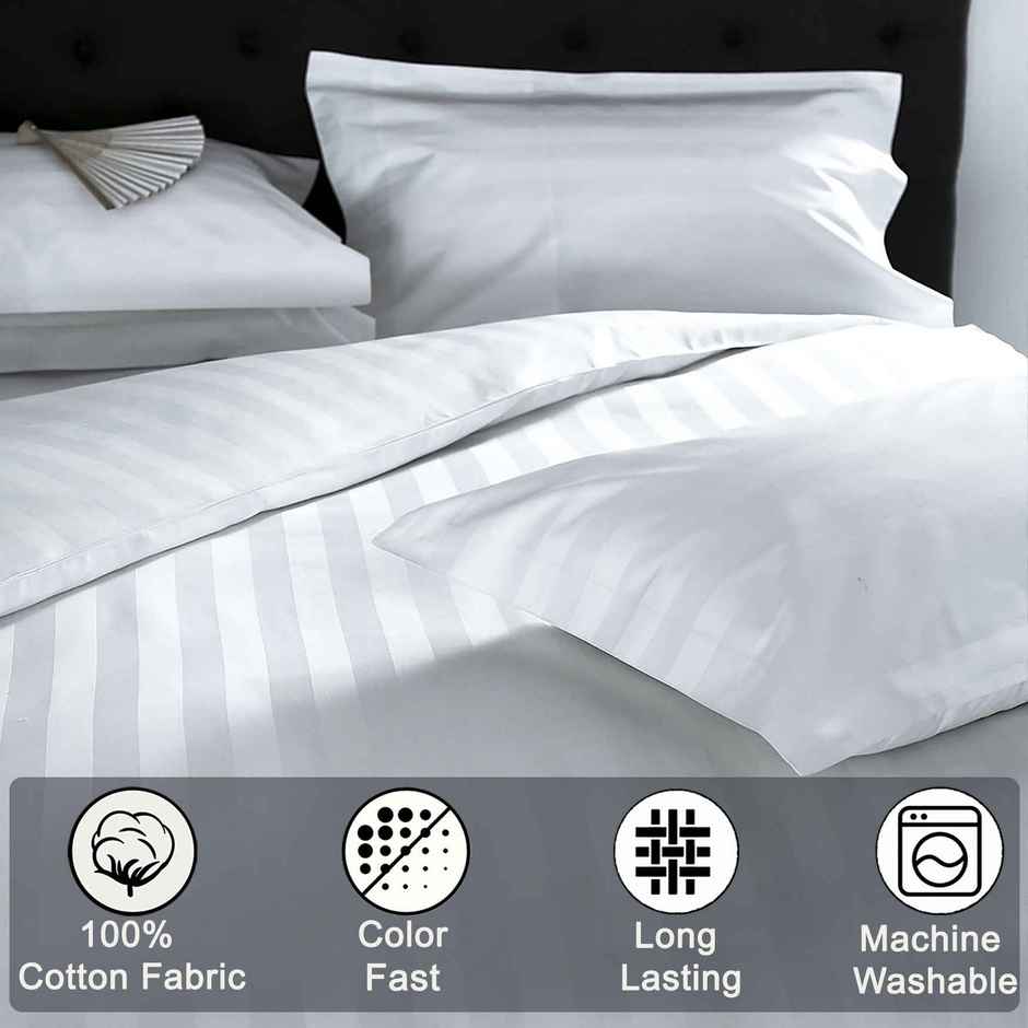 BAY6 Super King 100% Cotton 210 TC Satin Stripe Bedsheet | White | 108 x 108 in