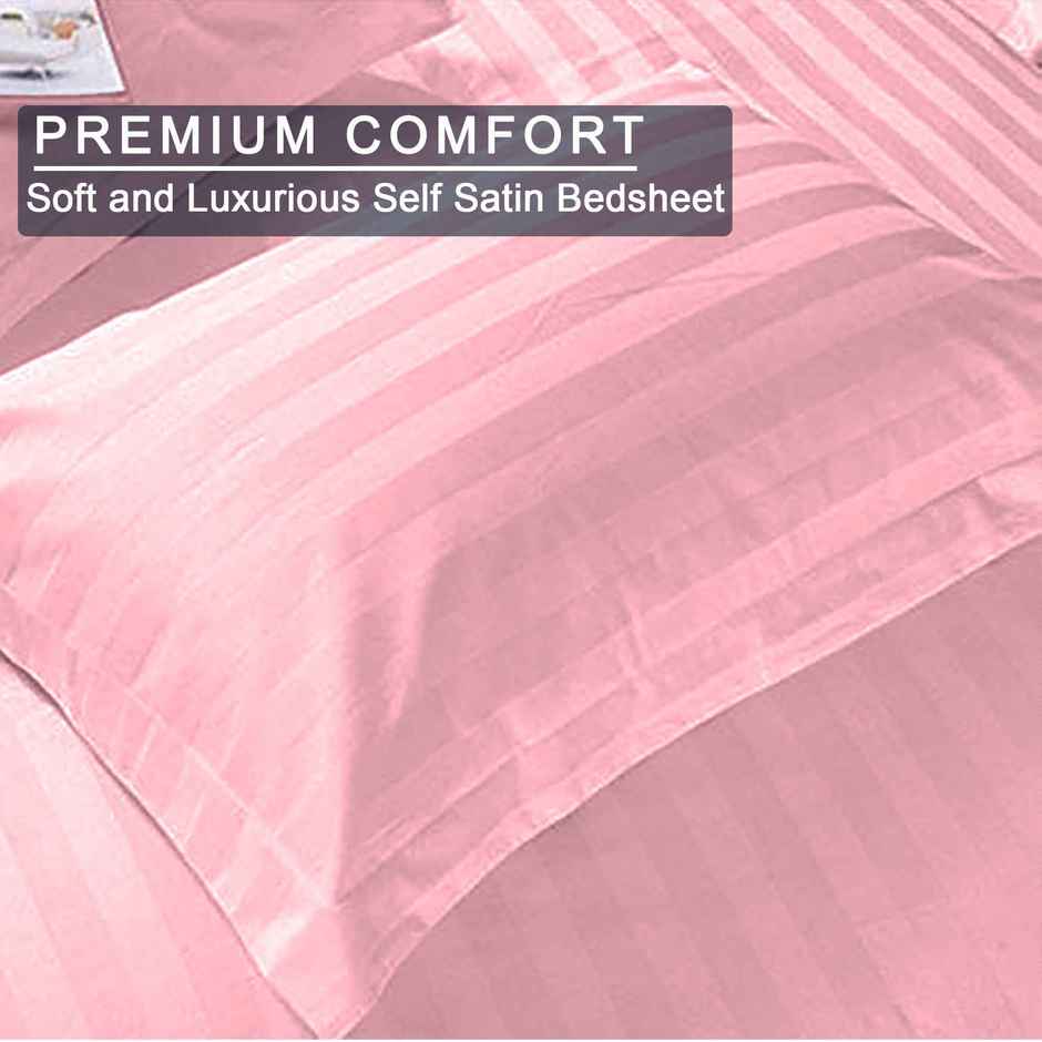 BAY6 King Size 100% Cotton 210 TC Satin Stripe Super Bedsheet | Baby Pink | 108 x 108 in