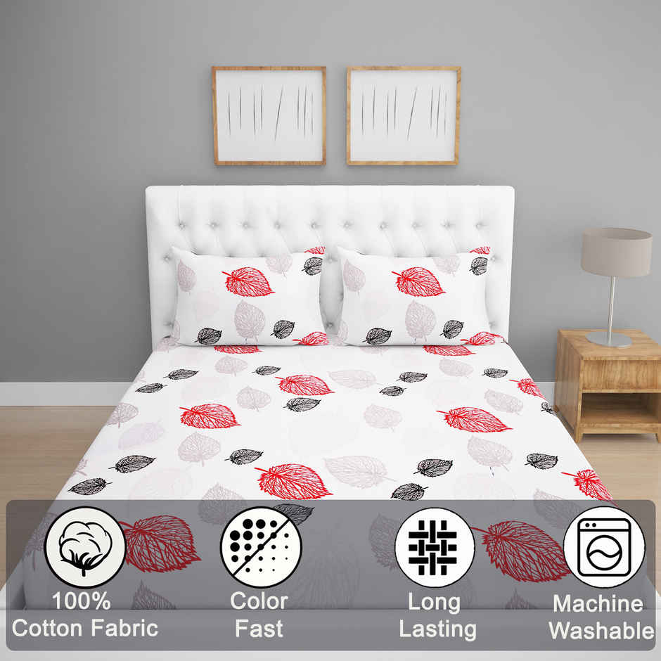BAY6 100% Cotton 144 TC Double Bedsheet - 100 x 90 Inch, Botanical Print