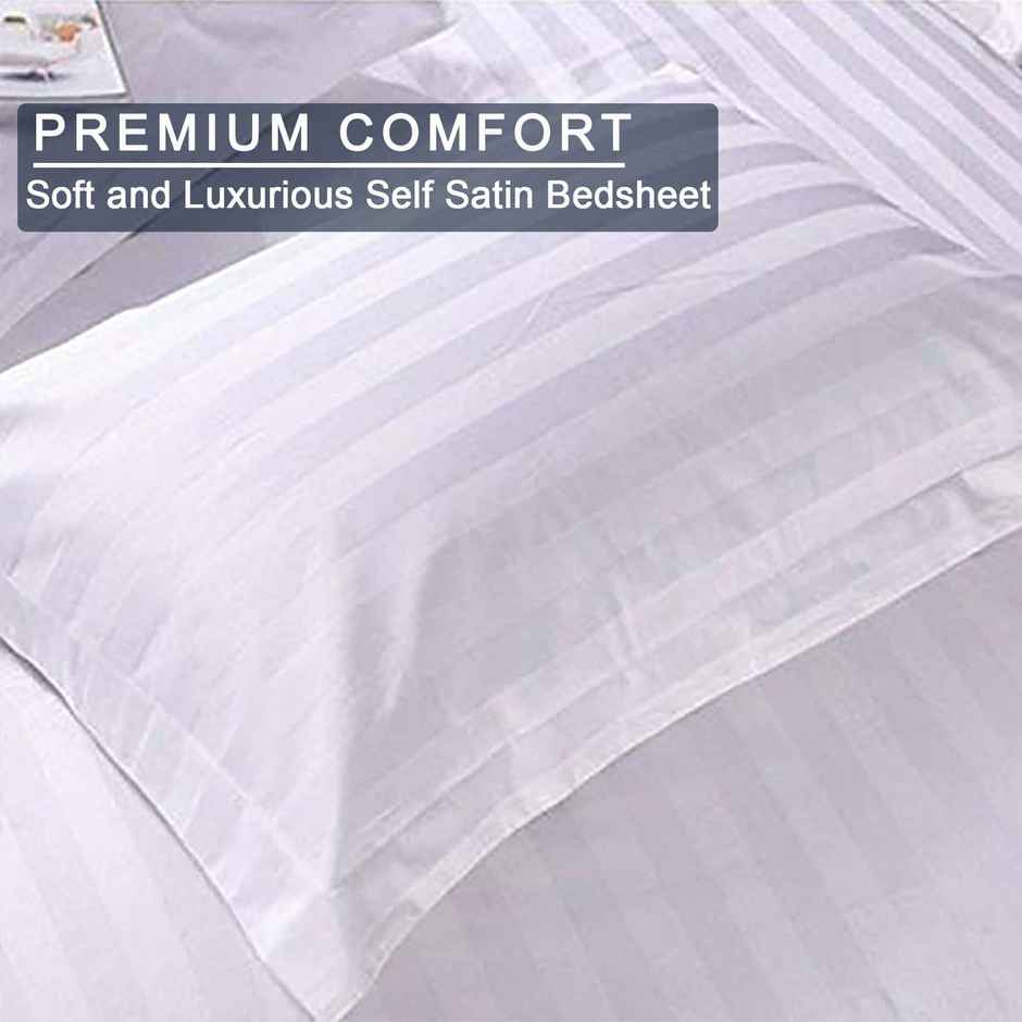 BAY6 Super King 100% Cotton 210 TC Satin Stripe Bedsheet | White | 108 x 108 in