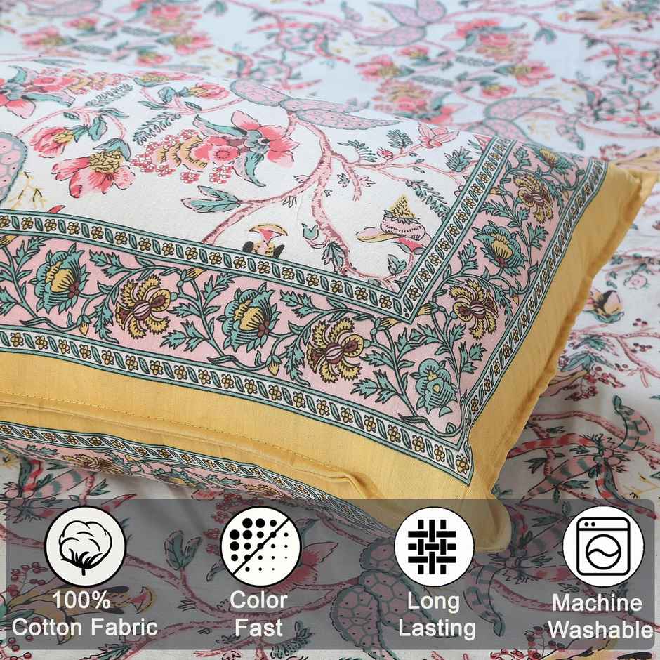 BAY6 100% Cotton King Bedsheet - 104 in X 88 Inch, Motifs in Pink and Teal