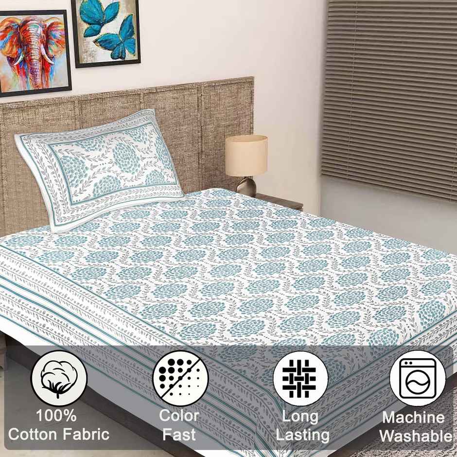 BAY6 100% Cotton Single Rajasthani Bedsheet - 90 in x 60 in - Floral Teal Design with Leaves