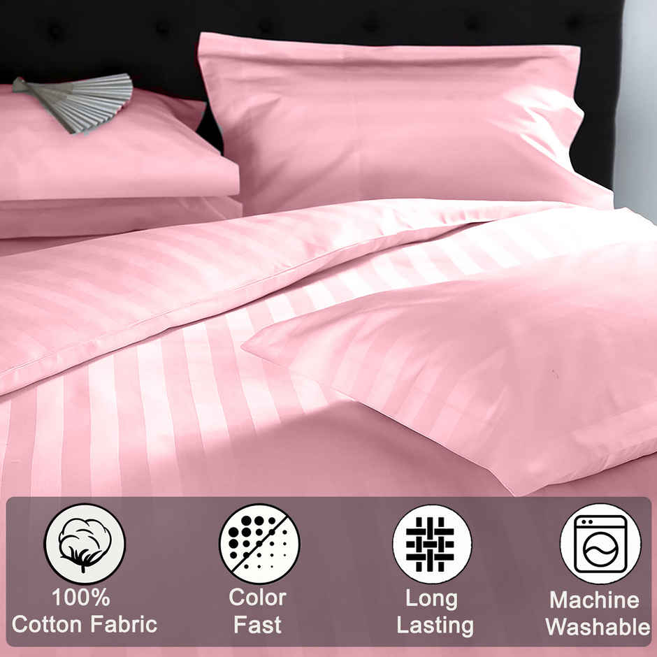 BAY6 100% Cotton 210 TC Satin Stripe Super King Bedsheet - 108 in x 108 in, Baby Pink