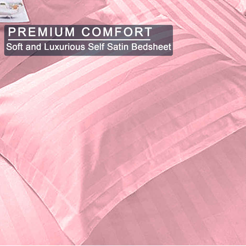 BAY6 100% Cotton 210 TC Satin Stripe Super King Bedsheet - 108 in x 108 in, Baby Pink