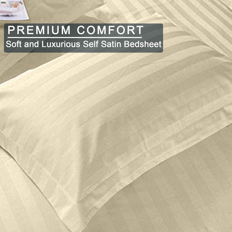 BAY6 100% Cotton 210 TC Satin Stripe Super King Bedsheet - 108 x 108 Inch - Beige