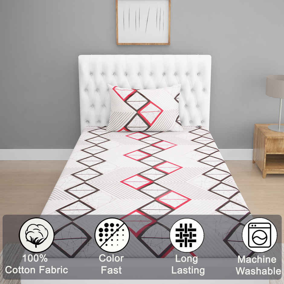 BAY6 100% Cotton 144 TC Single Bedsheet - 90 x 60 Inch, Abstract Geometric Print