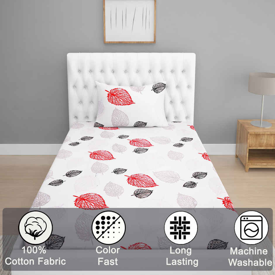 BAY6 100% Cotton 144 TC Single Bedsheet - 90 x 60 Inch, Botanical Print