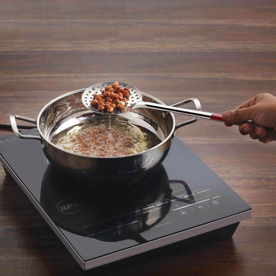 Hazel Stainless Steel Puri Frying Strainer Jhara, Deep Fry Chalni With Handle