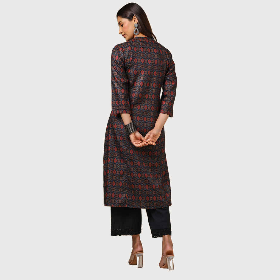 Soch Women's Navy Blue Linen Blend Ikat Print Kurta | M