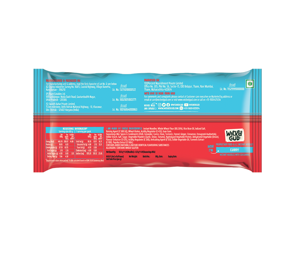 WickedGud Whole Wheat Curry Noodles | No Maida | No Palm Oil | Source of Protein