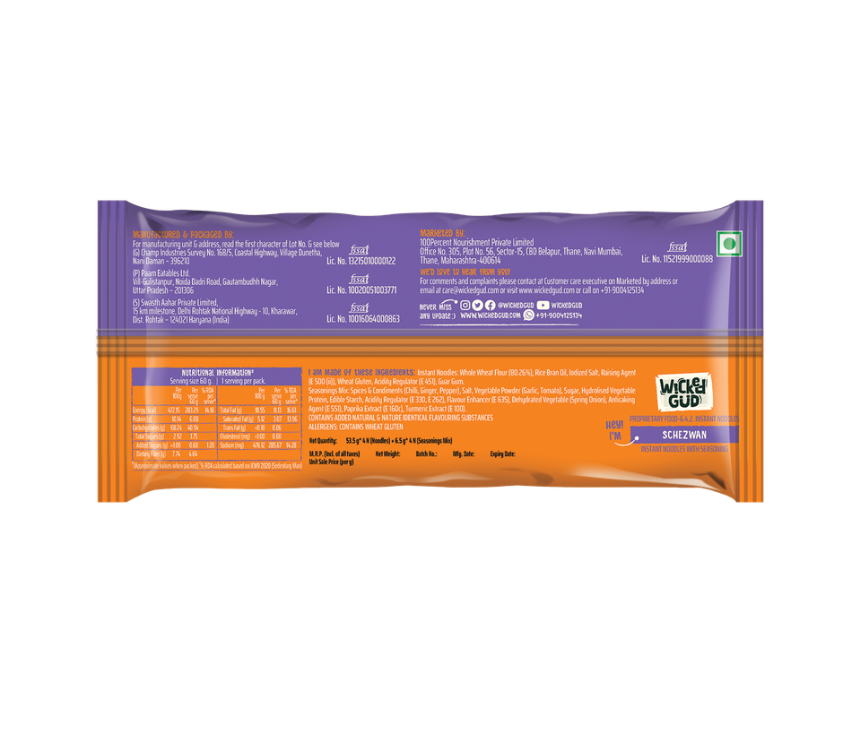 WickedGud Whole Wheat Schezwan Noodles | No Maida | No Palm Oil | Source of Protein