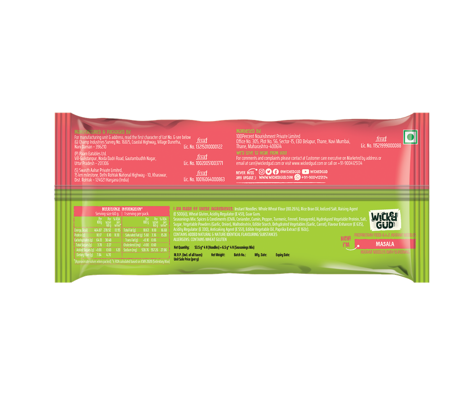 WickedGud Whole Wheat Masala Noodles | No Maida | No Palm Oil | Source of Protein