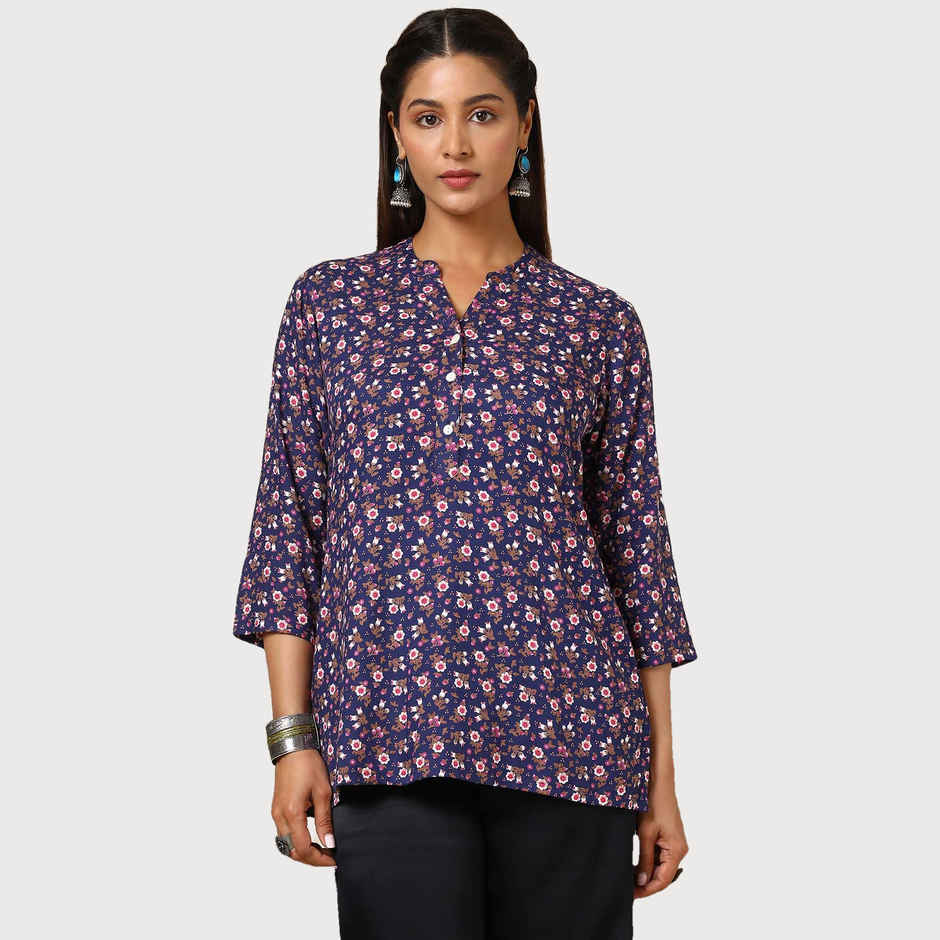 Soch Women's Navy Blue Rayon Floral Print Tunic | M