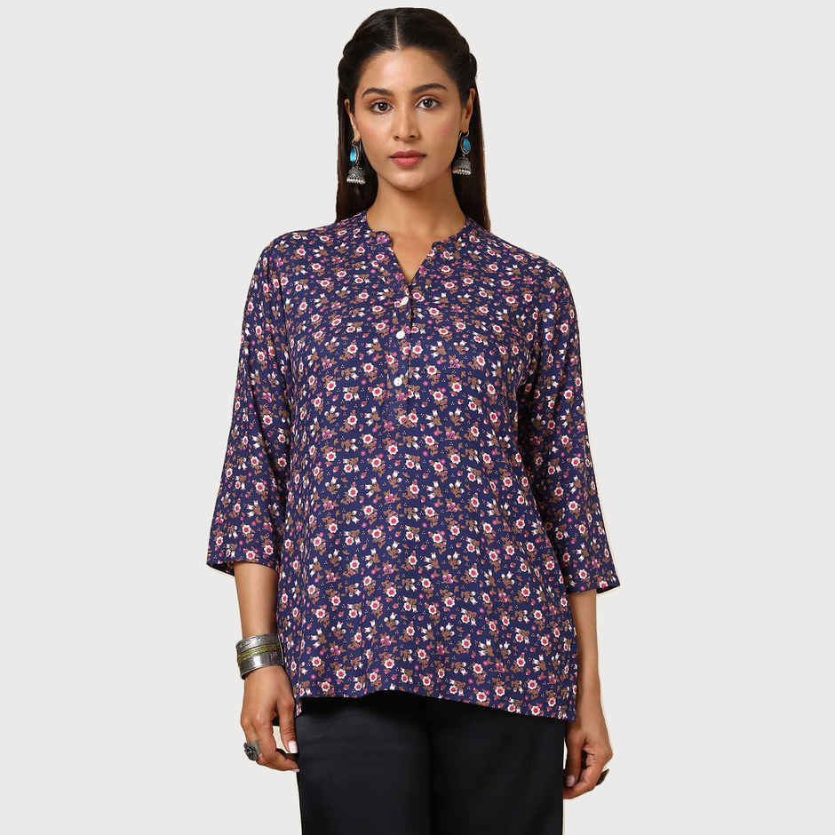 Soch Women's Navy Blue Rayon Floral Print Tunic | L