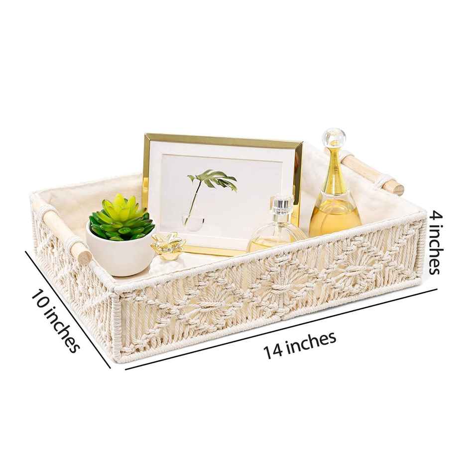 CasaCraft Pepperfry Macrame Cotton OffWhite Rectangular Organizer Storage Basket with Wooden Handle