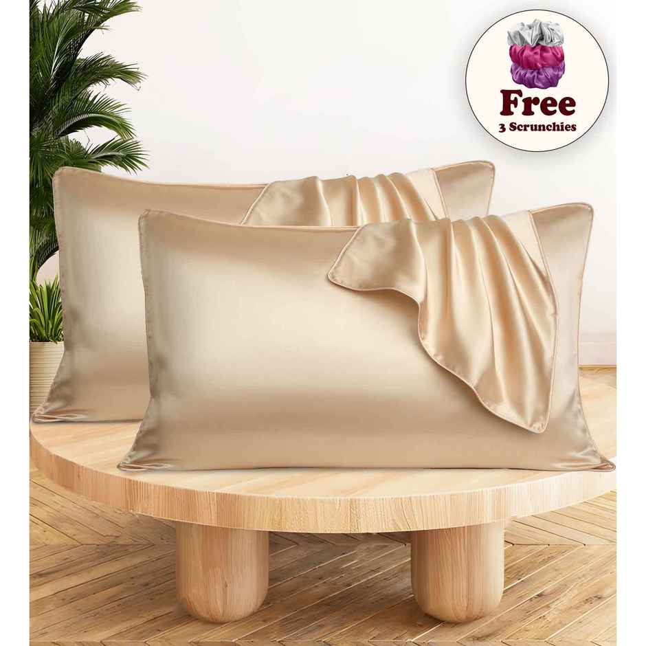 Casacraft by Pepperfry Beige Solid 400 TC Silk 2 Pillow Covers With 3 Scrunchies Free