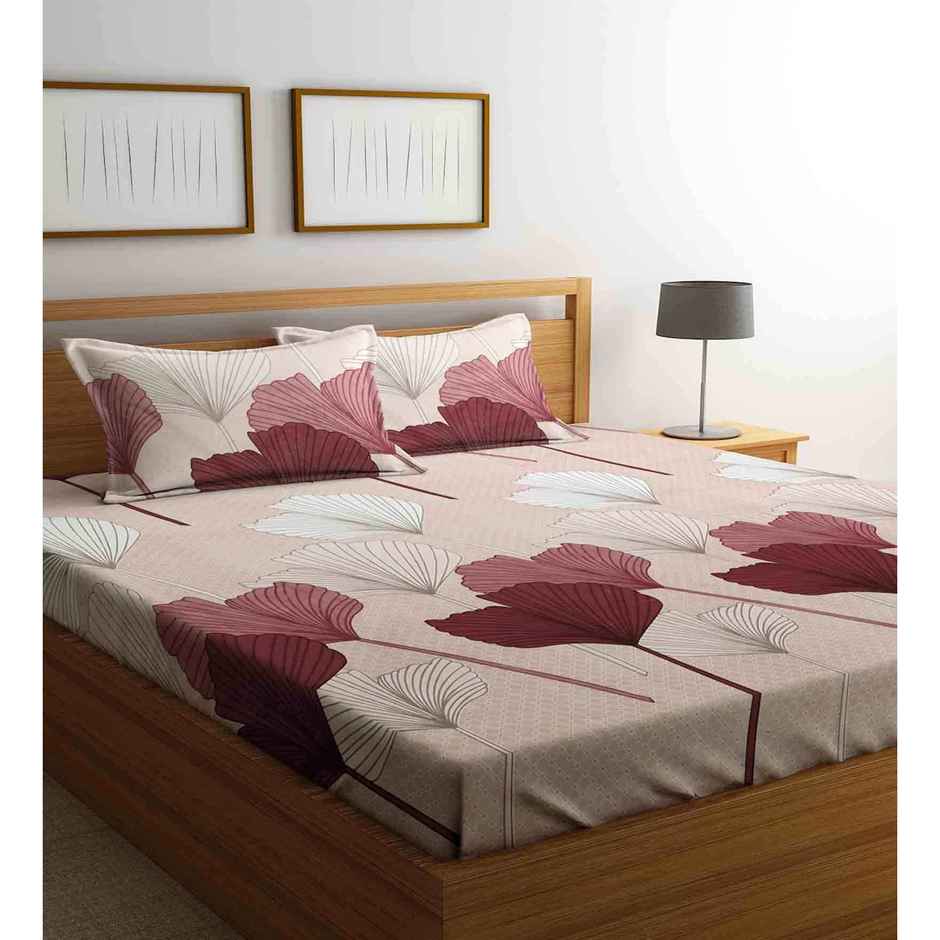 CasaCraft Pepperfry King Size Flat Bedsheet Set with 2 Pillow Covers, Beige Floral 300 Thread Count