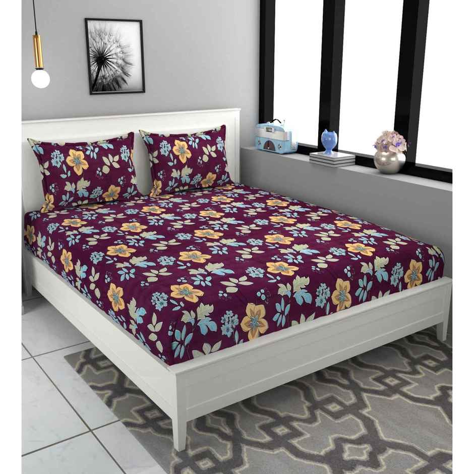 Casacraft by Pepperfry Purple Floral 180 TC Microfiber Double Bedsheet With 2 Pillow Covers