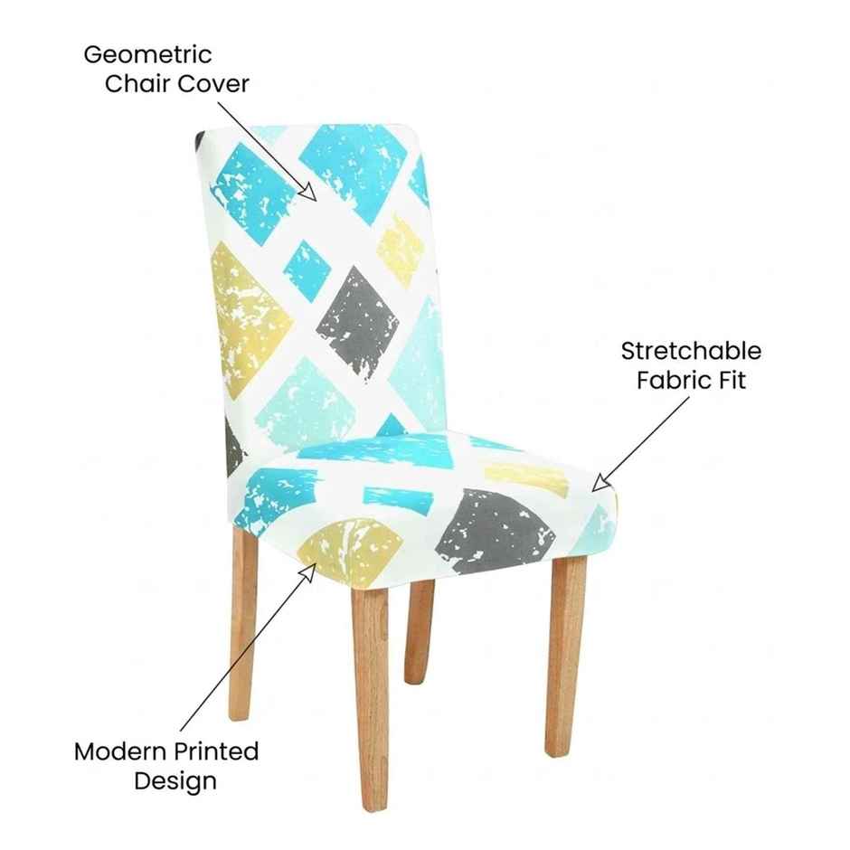 CasaCraft Pepperfry Blue Square 15x19 Inch Geometric Polyester Reversible Stretchable 4 Chair Cover