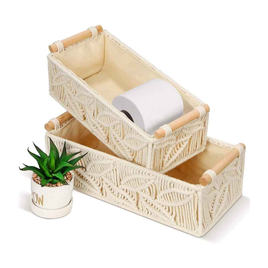 CasaCraft Pepperfry Leaf Macrame Set of 2 OffWhite Cotton Rope Organizer Baskets with Wooden Handle