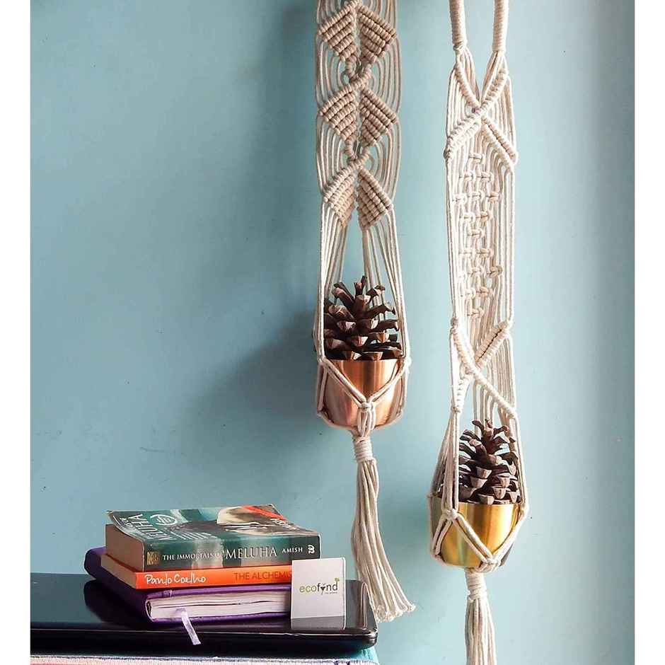 CasaCraft Pepperfry Macrame Cotton Pack of 2 (Without Pot) Off-White Rope Flower Hanging Planter