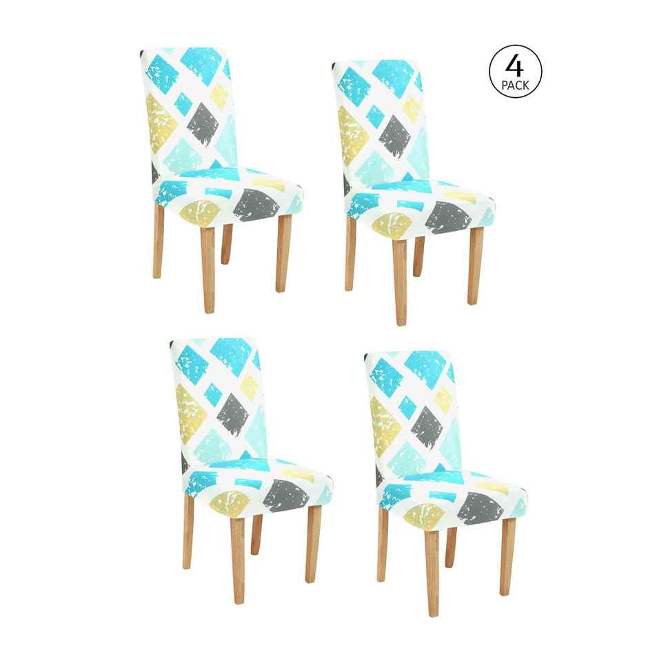 CasaCraft Pepperfry Blue Square 15x19 Inch Geometric Polyester Reversible Stretchable 4 Chair Cover