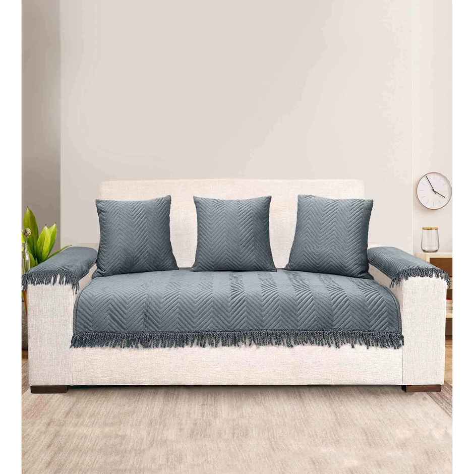 CasaCraft Pepperfry 3 Sofa Covers and Set of 3 Grey Zig-Zag Reversible Velvet Throw Cover for Home