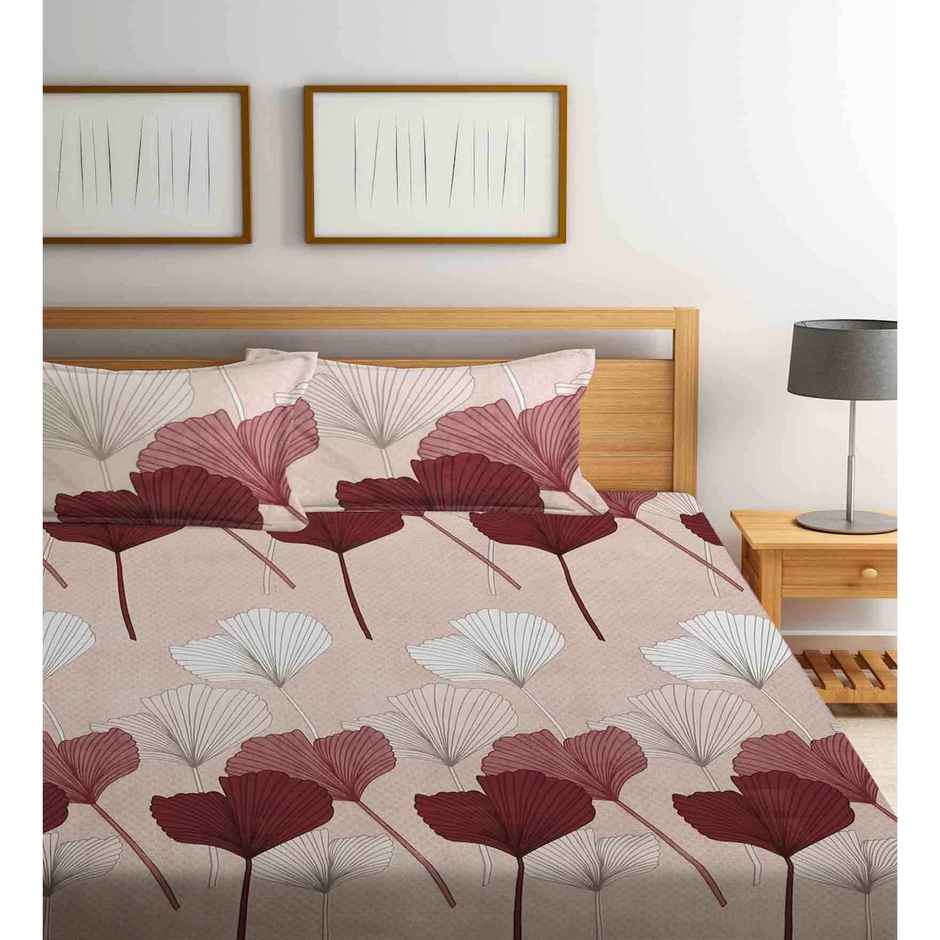 CasaCraft Pepperfry King Size Flat Bedsheet Set with 2 Pillow Covers, Beige Floral 300 Thread Count