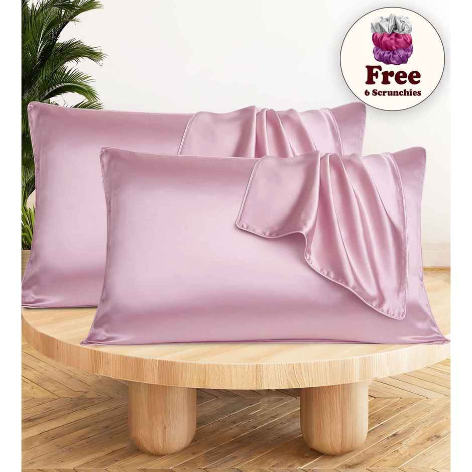 Casacraft by Pepperfry Pink Solid 400 TC Silk 4 Pillow Covers With 6 Scrunchies Free