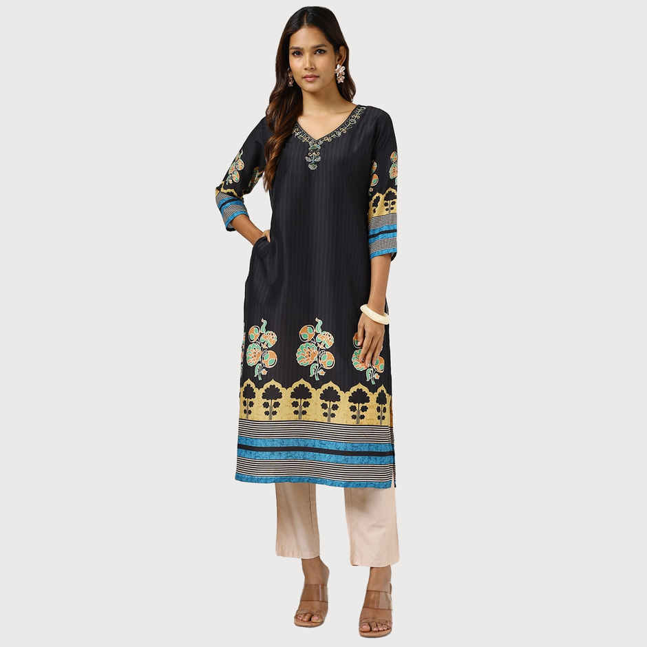 Soch Women's Black Muslin Blend Printed Kurta With Cutdana | S