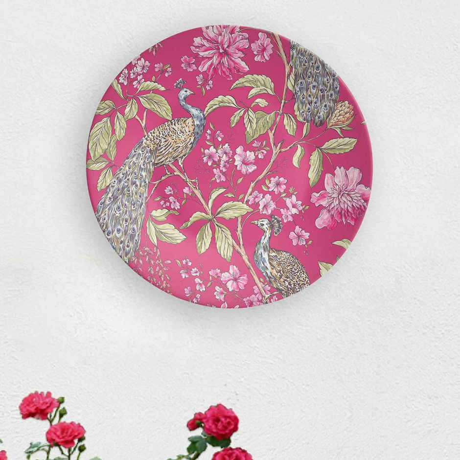 CasaCraft Pepperfry Decorative Pink Artistic Peacock Round Wall Hanging Decor Plate for Living Room