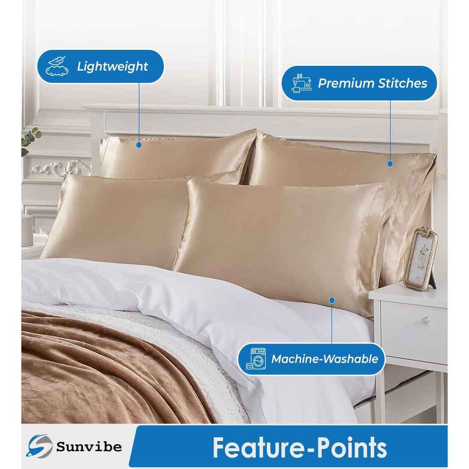 Casacraft by Pepperfry Beige Solid 400 TC Silk 2 Pillow Covers With 3 Scrunchies Free