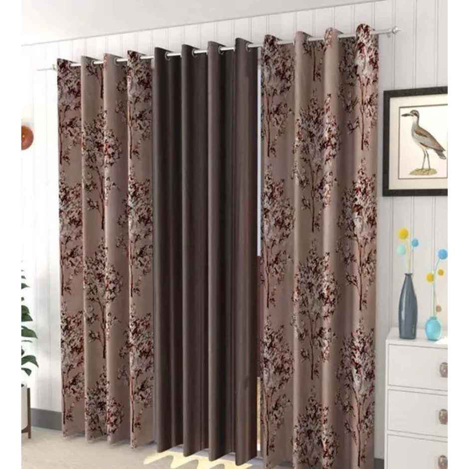 CasaCraft Pepperfry 7ft Set of 3 Polyester Semi-Sheer Brown Floral Solid Mix Eyelet Door Curtain