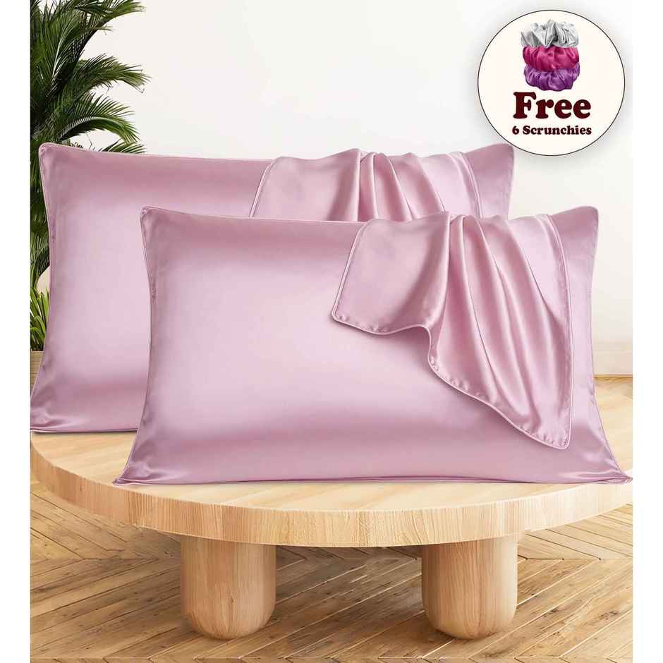Casacraft by Pepperfry Pink 400 TC Silk 2 Pillow Cover With 3 Assorted Scrunchie Free