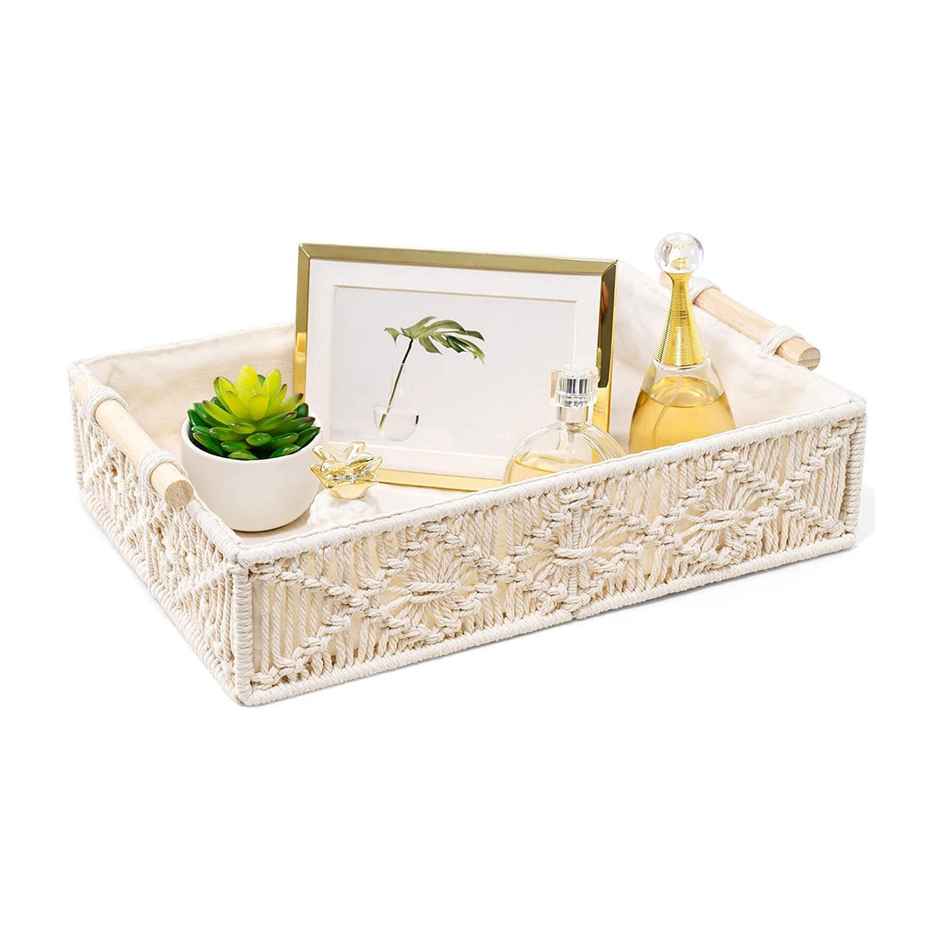 CasaCraft Pepperfry Macrame Cotton OffWhite Rectangular Organizer Storage Basket with Wooden Handle
