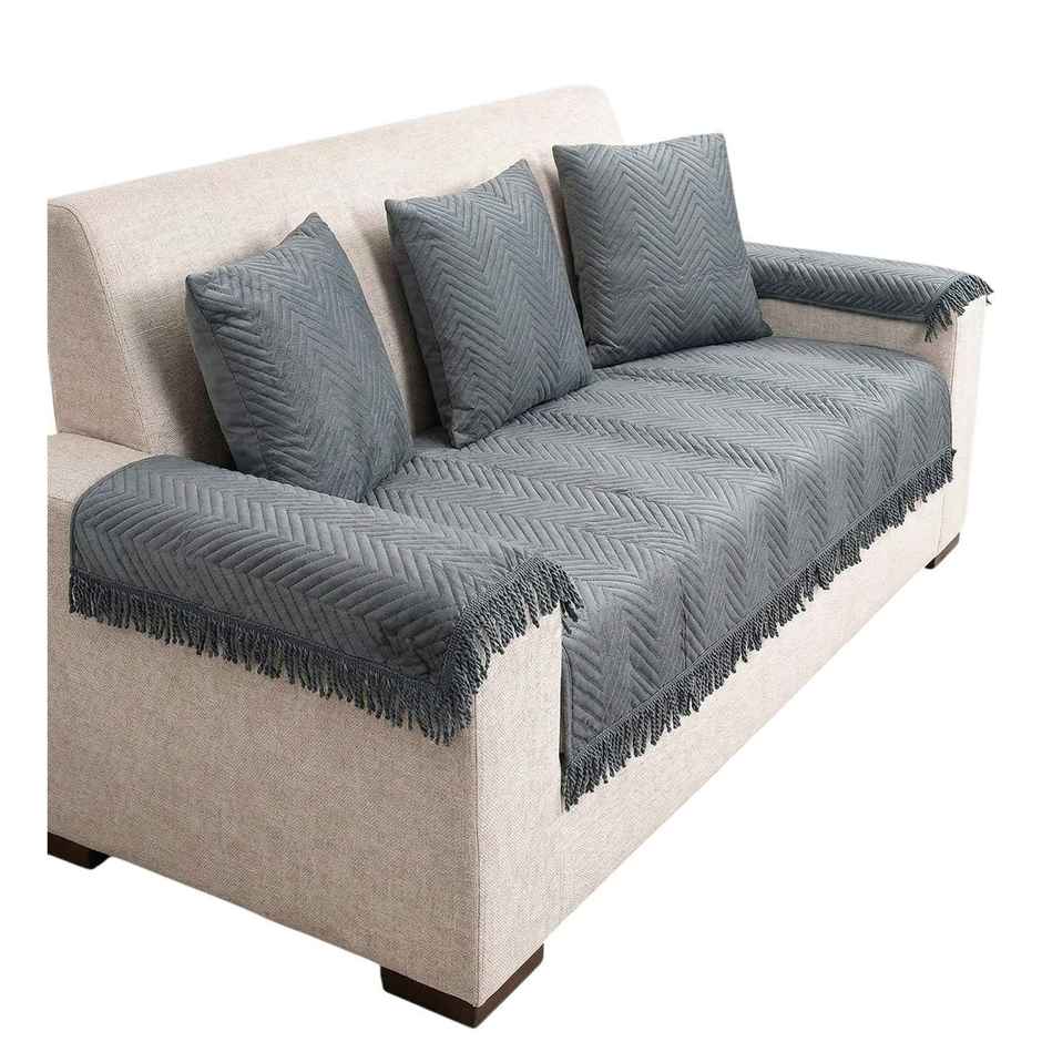 CasaCraft Pepperfry 3 Sofa Covers and Set of 3 Grey Zig-Zag Reversible Velvet Throw Cover for Home