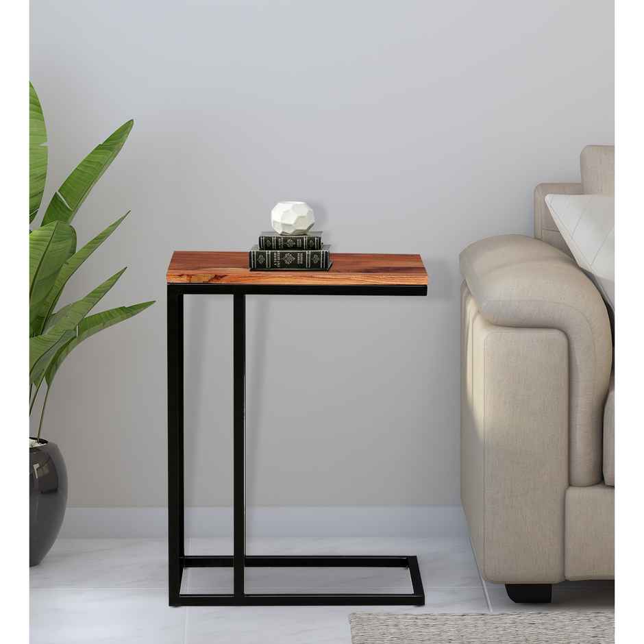 Casacraft by Pepperfry Woodsworth Metalico Solid Wood C Shaped Table in Natural Finish