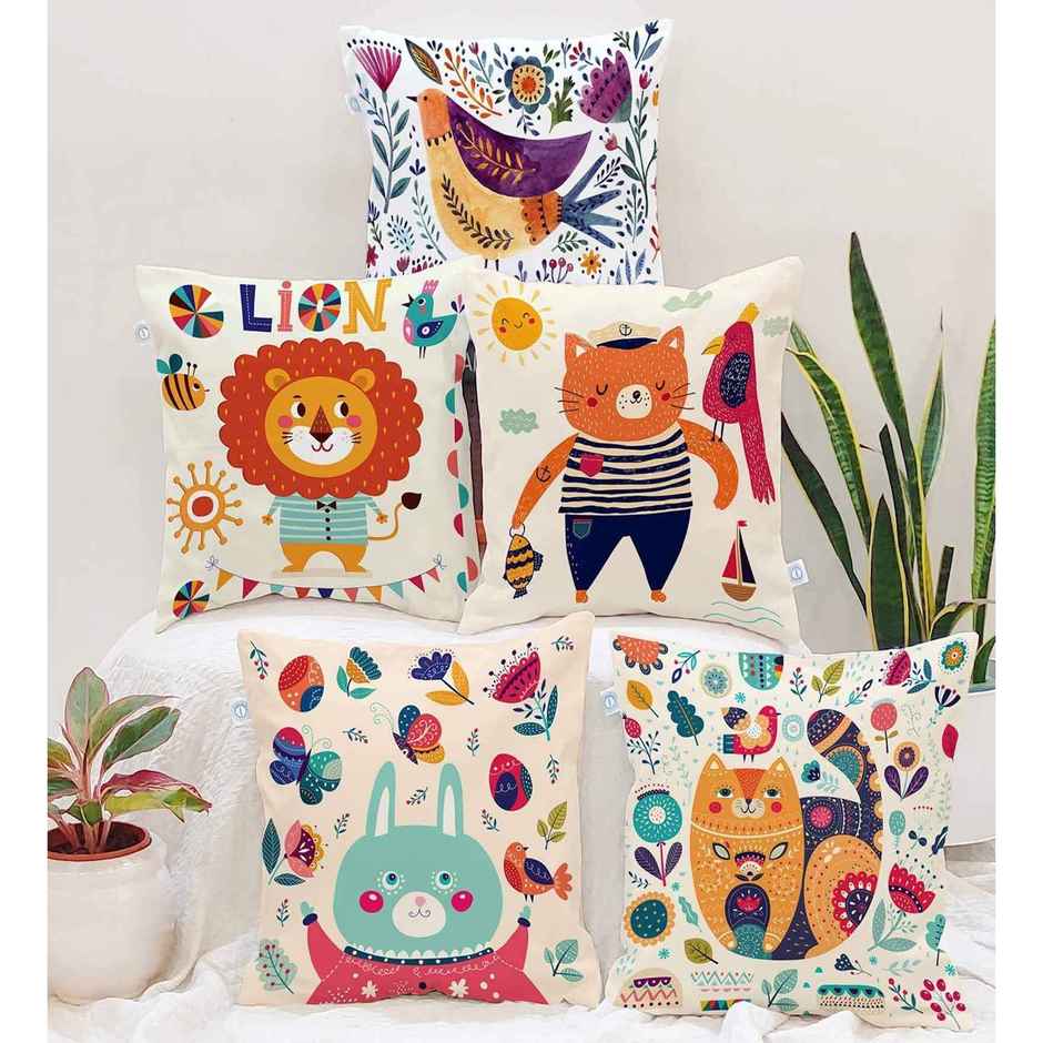 CasaCraft Pepperfry Multicolor Cotton Canvas Animal 16x16 inches Cushion Covers