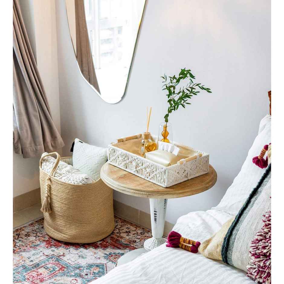 CasaCraft Pepperfry Macrame Cotton OffWhite Rectangular Organizer Storage Basket with Wooden Handle