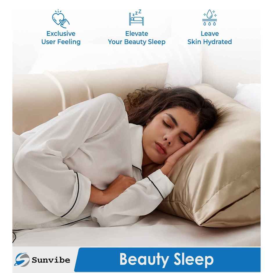 Casacraft by Pepperfry Beige Solid 400 TC Silk 2 Pillow Covers With 3 Scrunchies Free