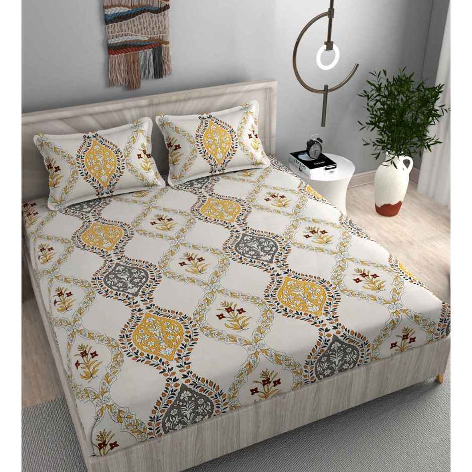 Casacraft by Pepperfry Fitted King Abstract 220 TC Microfiber Bedsheet, 2 Pillow Covers | White