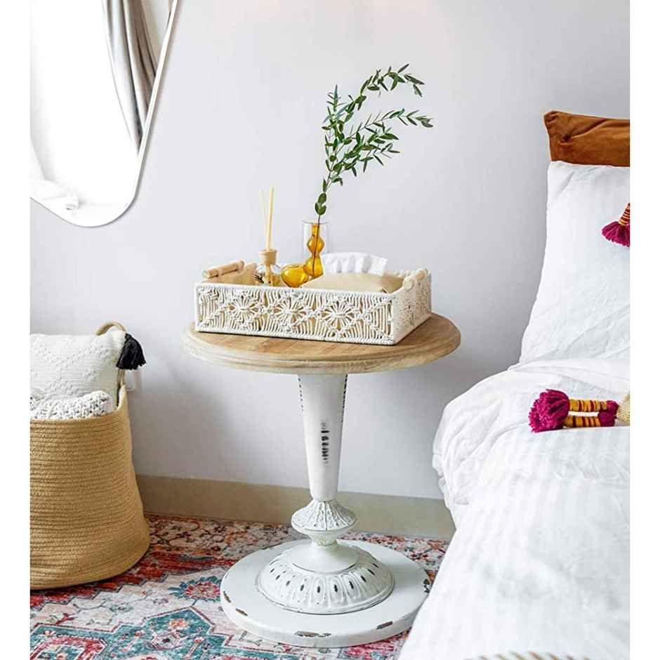 CasaCraft Pepperfry Macrame Cotton OffWhite Rectangular Organizer Storage Basket with Wooden Handle
